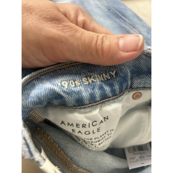 American Eagle 90s Skinny High Rise Stretch Blue Jean 27 W 4 Regular Raw Hem NWT - Picture 3 of 14